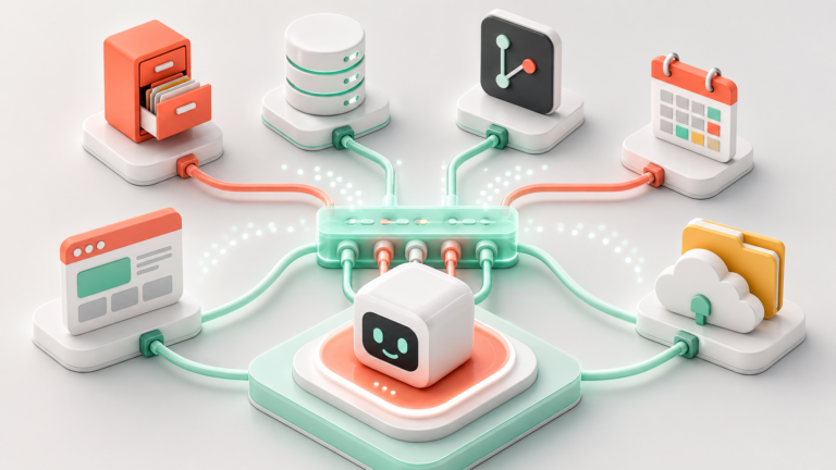Isometric editorial illustration of MCP connecting an AI assistant to tools and data sources