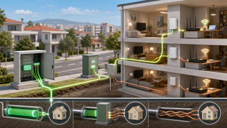 Educational isometric illustration of fiber internet lines connecting a street cabinet and homes