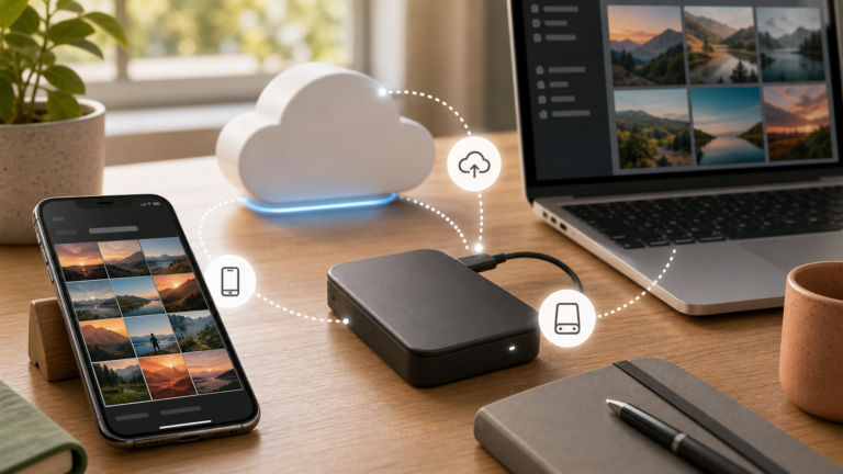 Editorial illustration of phone photos backed up to cloud storage and an external drive