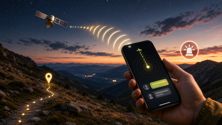 Editorial illustration of a smartphone connecting to a satellite in a remote outdoor area